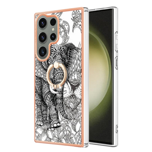 For Samsung Galaxy S23 Ultra 5G Electroplating Dual-side IMD Phone Case with Ring Holder(Totem Elephant) by buy2fix