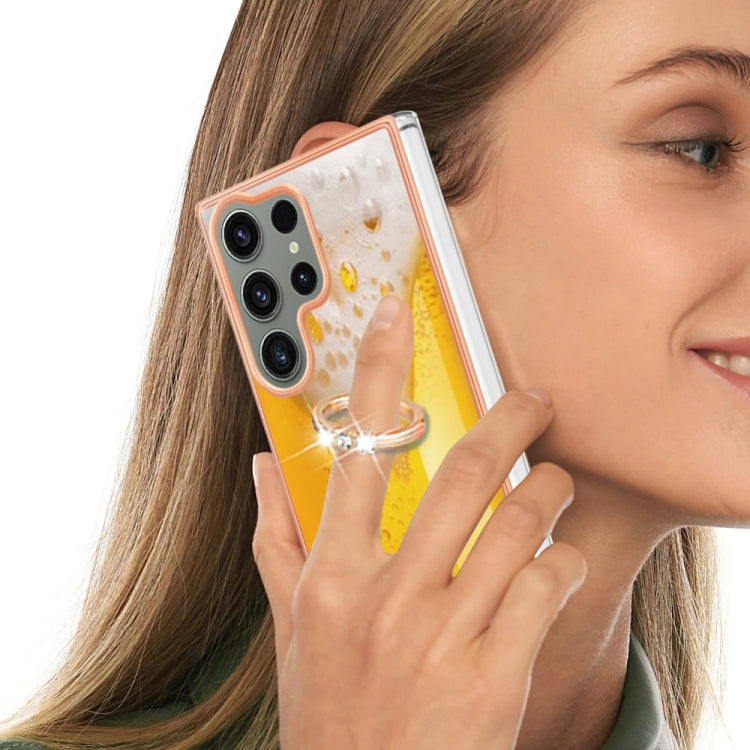 For Samsung Galaxy S23 Ultra 5G Electroplating Dual-side IMD Phone Case with Ring Holder(Draft Beer) by buy2fix