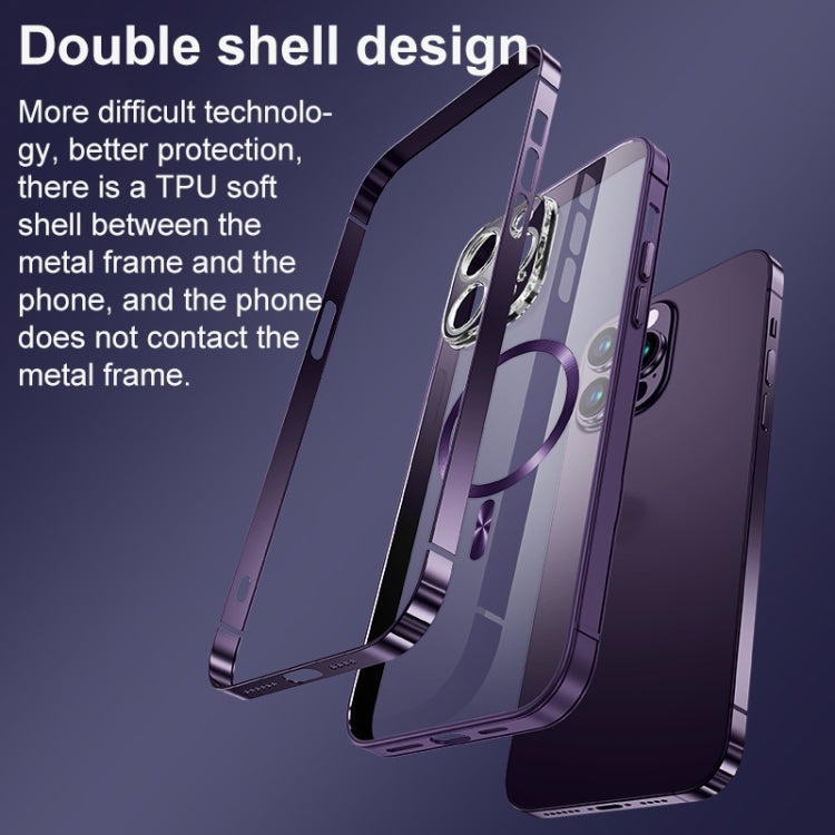 For iPhone 14 MagSafe Magnetic Stainless Steel Frame Transparent TPU Phone Case(Black) - iPhone 14 Cases by buy2fix | Online Shopping UK | buy2fix