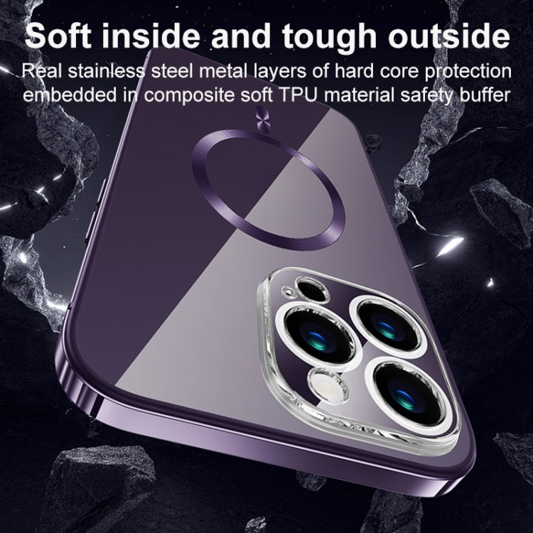 For iPhone 14 MagSafe Magnetic Stainless Steel Frame Transparent TPU Phone Case(Black) - iPhone 14 Cases by buy2fix | Online Shopping UK | buy2fix