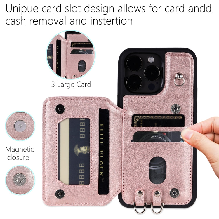 For iPhone 14 Pro Max Grid Texture Card Bag Phone Case with Lanyard(Rose Gold) - iPhone 14 Pro Max Cases by buy2fix | Online Shopping UK | buy2fix