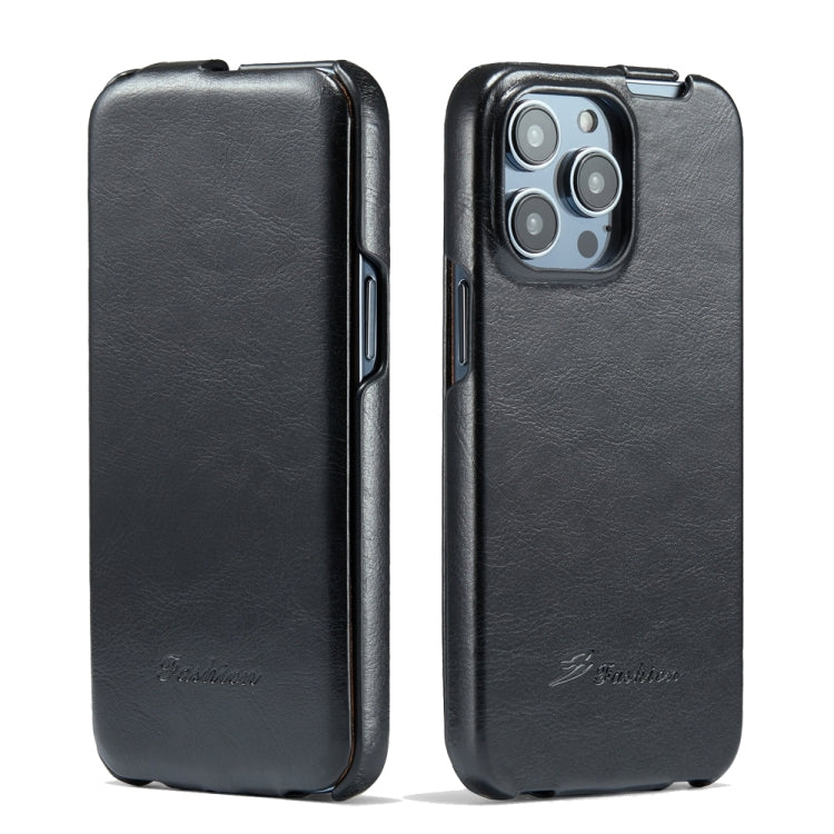 For iPhone 15 Pro Fierre Shann Oil Wax Texture Vertical Flip PU Phone Case(Black) - iPhone 15 Pro Cases by FIERRE SHANN | Online Shopping UK | buy2fix