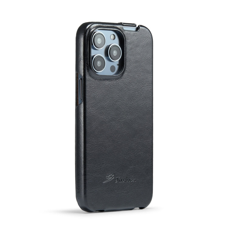 For iPhone 15 Pro Fierre Shann Oil Wax Texture Vertical Flip PU Phone Case(Black) - iPhone 15 Pro Cases by FIERRE SHANN | Online Shopping UK | buy2fix