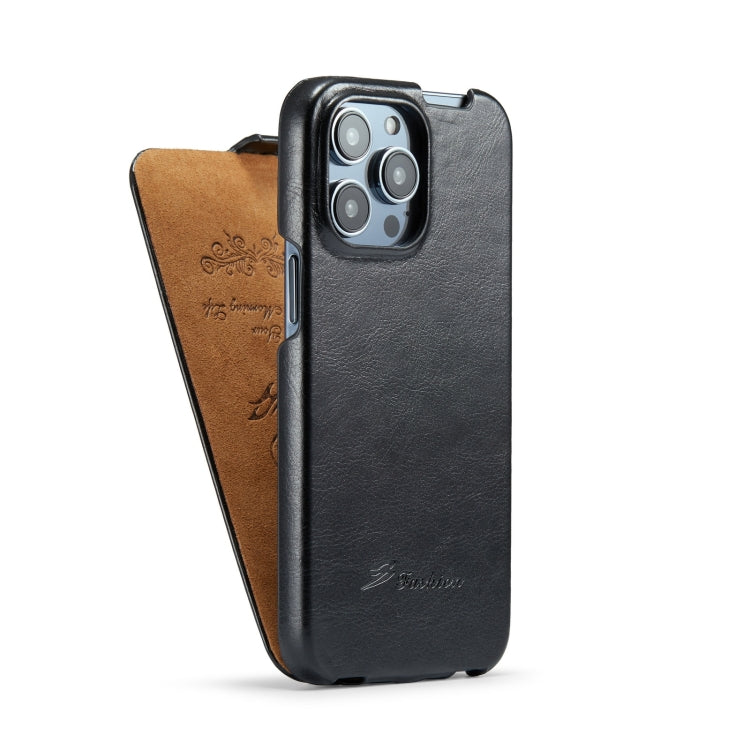 For iPhone 15 Pro Fierre Shann Oil Wax Texture Vertical Flip PU Phone Case(Black) - iPhone 15 Pro Cases by FIERRE SHANN | Online Shopping UK | buy2fix