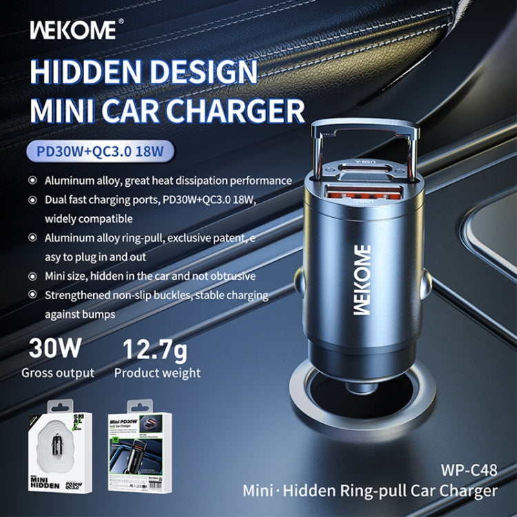 WK WP-C48 Mini Invisible Pull Ring 30W USB + USB-C / Type-C Car Charger(Black) by WK