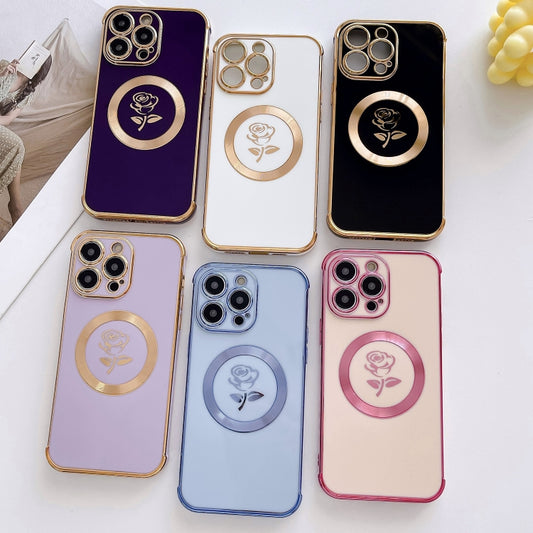 For iPhone 13 Pro Max Electroplate Side Roses Flower MagSafe Phone Case(Pink) by buy2fix