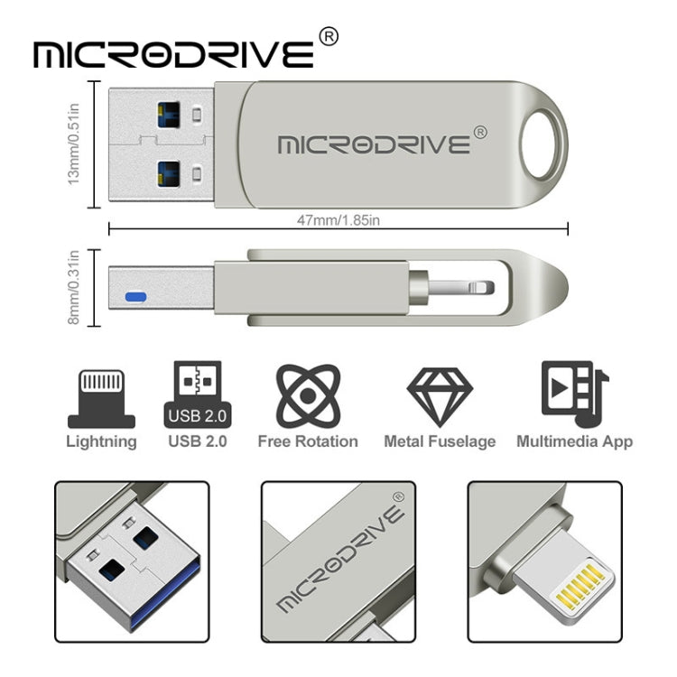 MicroDrive 2 In 1 8 Pin + USB 2.0 Portable Metal USB Flash Disk, Capacity:16GB(Silver) - USB Flash Drives by MICRODRIVE | Online Shopping UK | buy2fix