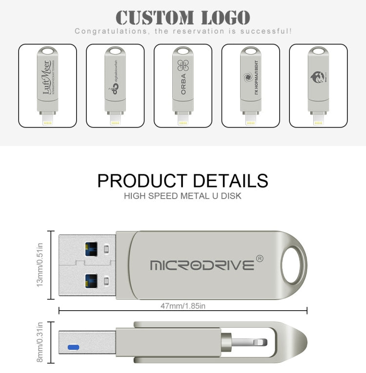 MicroDrive 2 In 1 8 Pin + USB 2.0 Portable Metal USB Flash Disk, Capacity:16GB(Silver) - USB Flash Drives by MICRODRIVE | Online Shopping UK | buy2fix