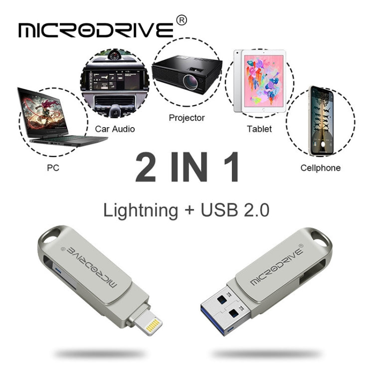 MicroDrive 2 In 1 8 Pin + USB 2.0 Portable Metal USB Flash Disk, Capacity:16GB(Silver) - USB Flash Drives by MICRODRIVE | Online Shopping UK | buy2fix