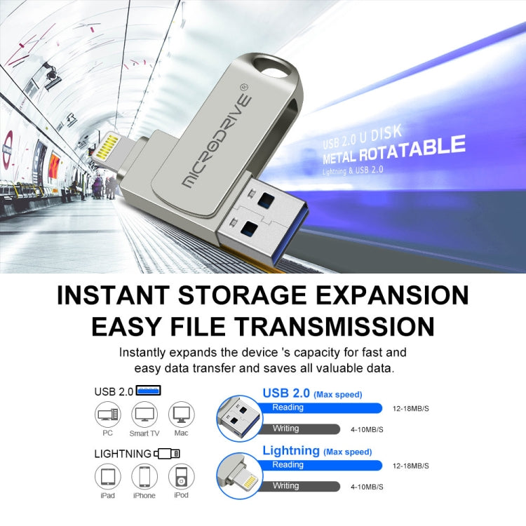 MicroDrive 2 In 1 8 Pin + USB 2.0 Portable Metal USB Flash Disk, Capacity:256GB(Silver) - USB Flash Drives by MICRODRIVE | Online Shopping UK | buy2fix