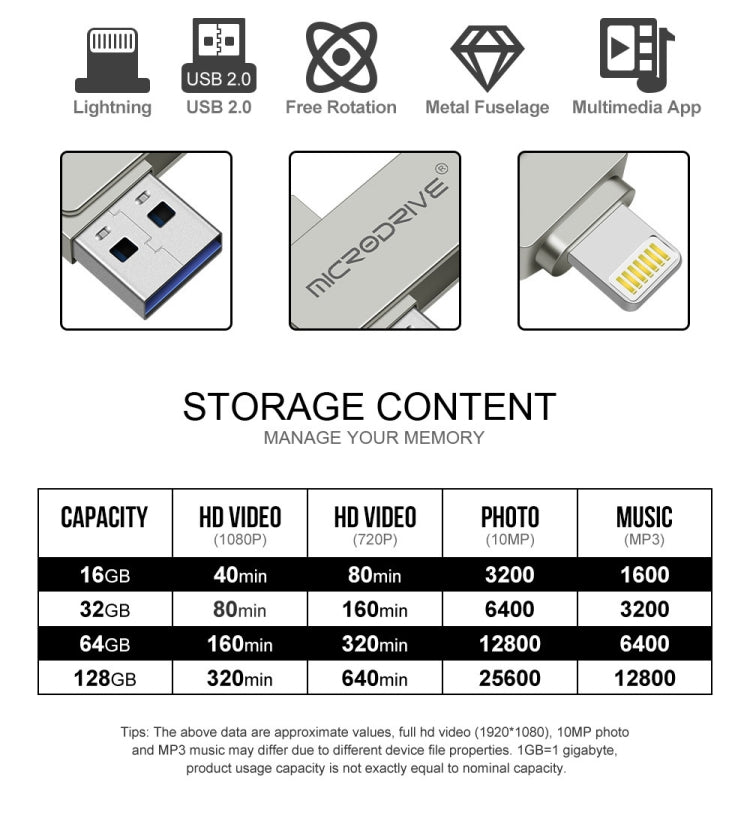 MicroDrive 2 In 1 8 Pin + USB 2.0 Portable Metal USB Flash Disk, Capacity:256GB(Silver) - USB Flash Drives by MICRODRIVE | Online Shopping UK | buy2fix