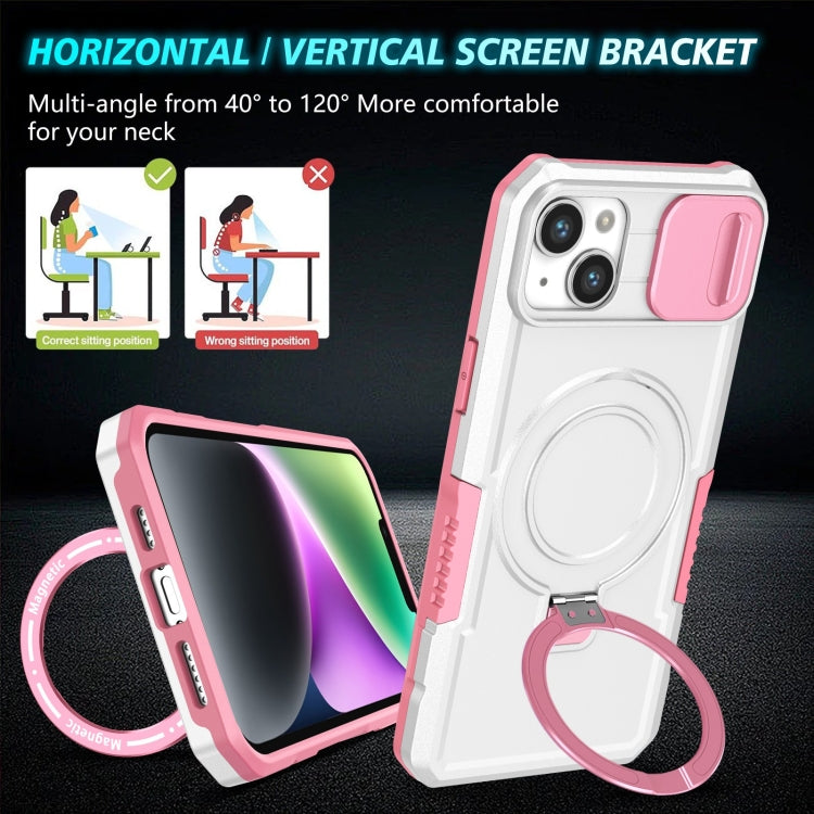For iPhone 15 Sliding Camshield MagSafe Holder TPU Hybrid PC Phone Case(Pink White) by buy2fix