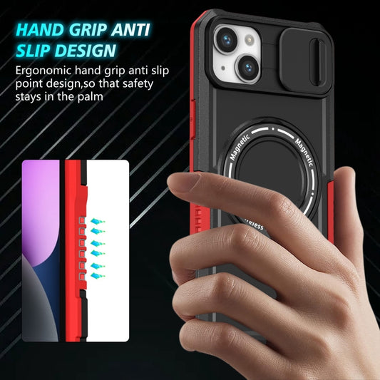 For iPhone 15 Sliding Camshield MagSafe Holder TPU Hybrid PC Phone Case(Black Red) by buy2fix