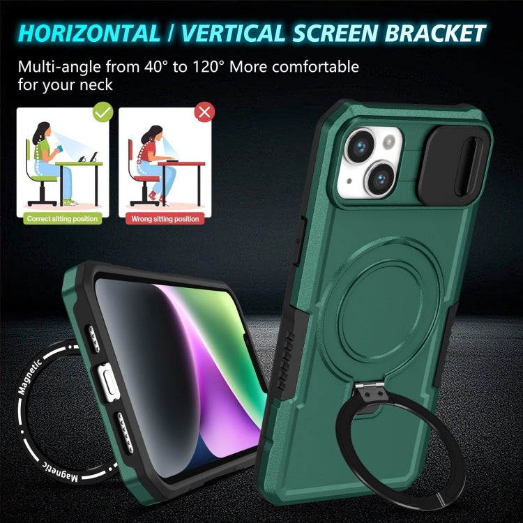 For iPhone 15 Sliding Camshield MagSafe Holder TPU Hybrid PC Phone Case(Deep Green) by buy2fix
