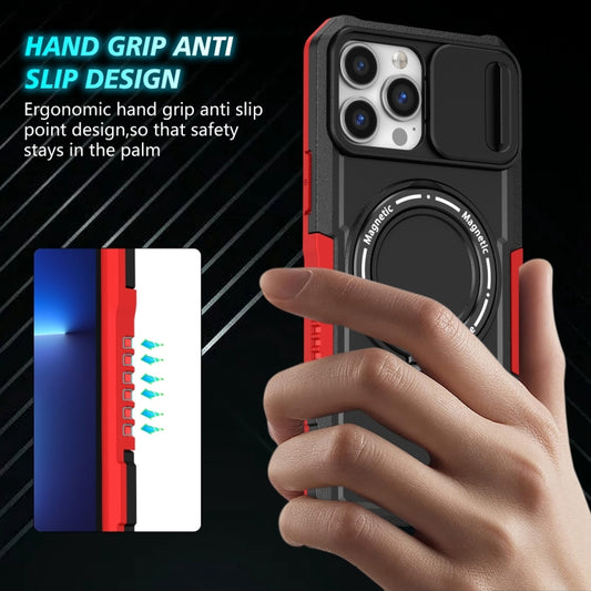 For iPhone 13 Pro Max Sliding Camshield MagSafe Holder TPU Hybrid PC Phone Case(Black Red) by buy2fix
