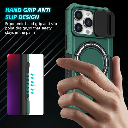 For iPhone 13 Pro Sliding Camshield MagSafe Holder TPU Hybrid PC Phone Case(Deep Green) by buy2fix