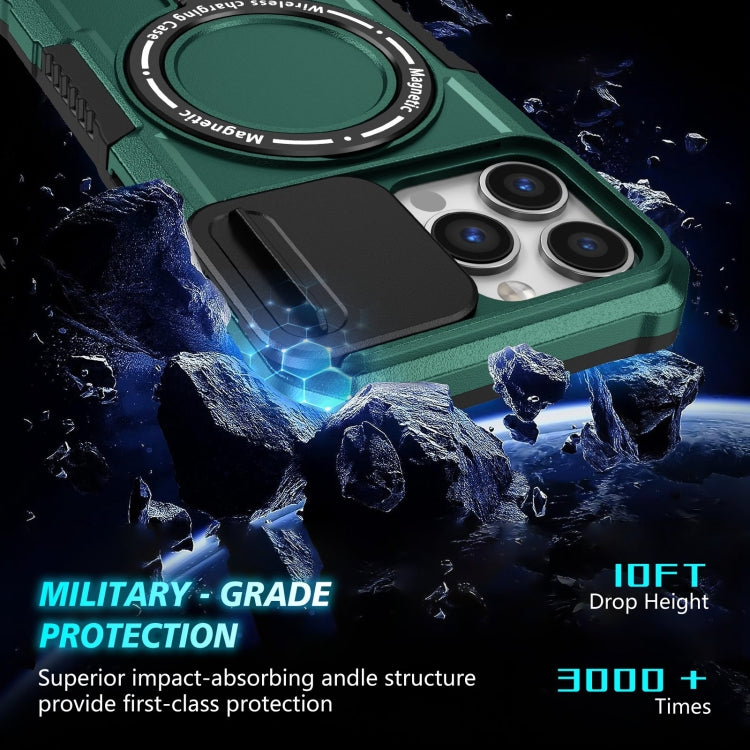 For iPhone 13 Pro Sliding Camshield MagSafe Holder TPU Hybrid PC Phone Case(Deep Green) - iPhone 13 Pro Cases by buy2fix | Online Shopping UK | buy2fix