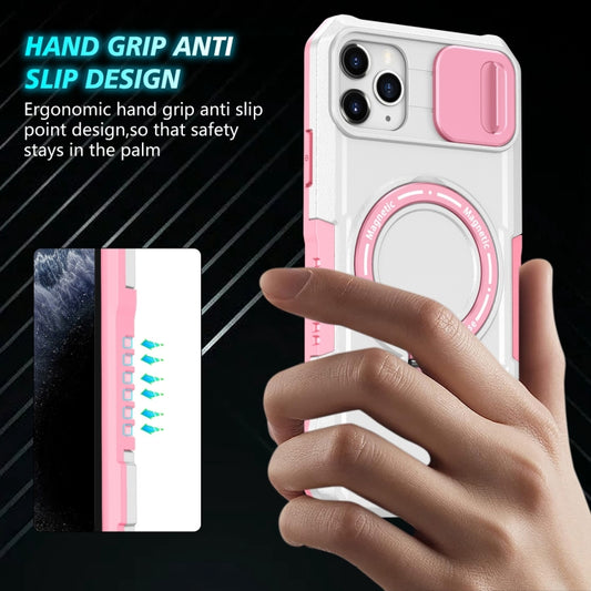 For iPhone 11 Pro Max Sliding Camshield MagSafe Holder TPU Hybrid PC Phone Case(Pink White) by buy2fix