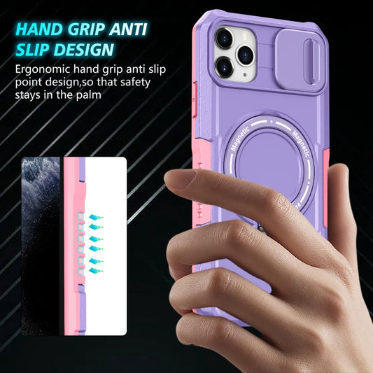 For iPhone 11 Pro Max Sliding Camshield MagSafe Holder TPU Hybrid PC Phone Case(Pink Purple) by buy2fix