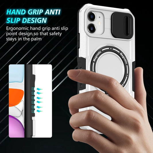 For iPhone 11 Sliding Camshield MagSafe Holder TPU Hybrid PC Phone Case(Black White) by buy2fix