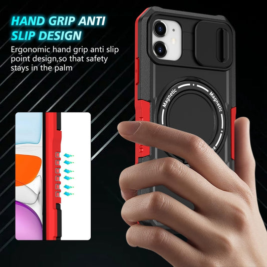 For iPhone 11 Sliding Camshield MagSafe Holder TPU Hybrid PC Phone Case(Black Red) by buy2fix
