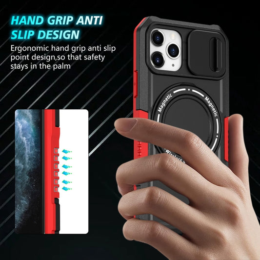 For iPhone 11 Pro Sliding Camshield MagSafe Holder TPU Hybrid PC Phone Case(Black Red) by buy2fix