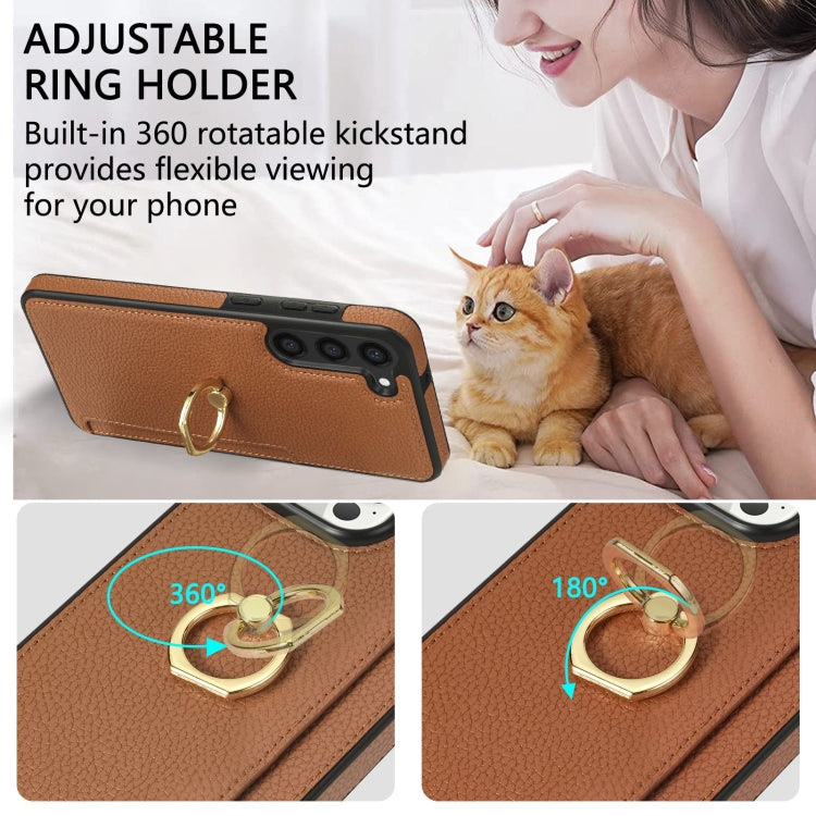 For Samsung Galaxy S23+ 5G Ring Card Litchi Leather Back Phone Case(Brown) - Galaxy S23+ 5G Cases by buy2fix | Online Shopping UK | buy2fix