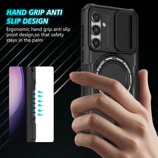 For Samsung Galaxy S23 FE 5G Sliding Camshield Magsafe Holder TPU Hybrid PC Phone Case(Black) by buy2fix