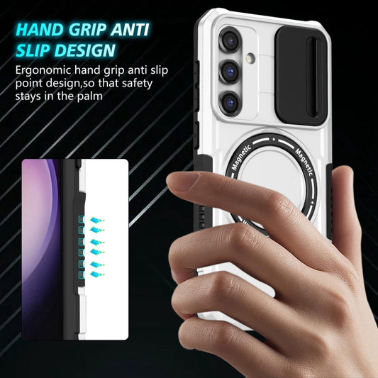 For Samsung Galaxy S23 FE 5G Sliding Camshield Magsafe Holder TPU Hybrid PC Phone Case(Black White) by buy2fix