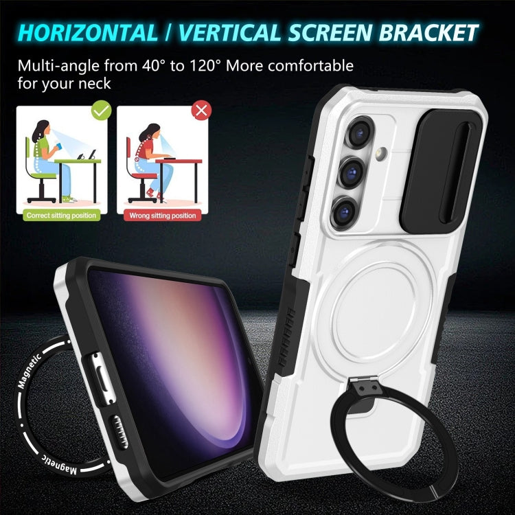 For Samsung Galaxy S23 FE 5G Sliding Camshield Magsafe Holder TPU Hybrid PC Phone Case(Black White) - Galaxy S23 FE 5G Cases by buy2fix | Online Shopping UK | buy2fix