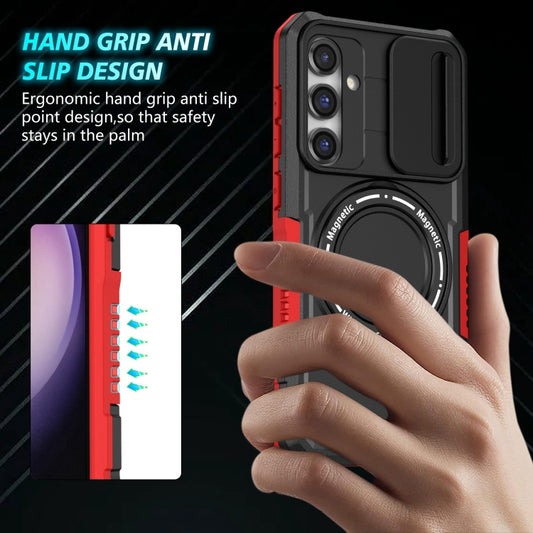 For Samsung Galaxy S23 FE 5G Sliding Camshield Magsafe Holder TPU Hybrid PC Phone Case(Black Red) by buy2fix