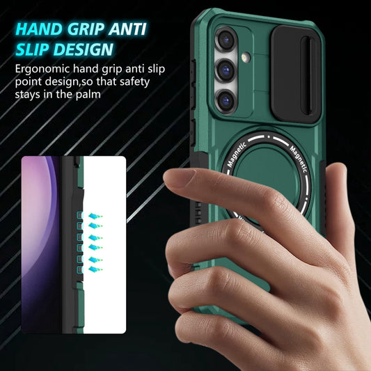 For Samsung Galaxy S23 FE 5G Sliding Camshield Magsafe Holder TPU Hybrid PC Phone Case(Deep Green) by buy2fix