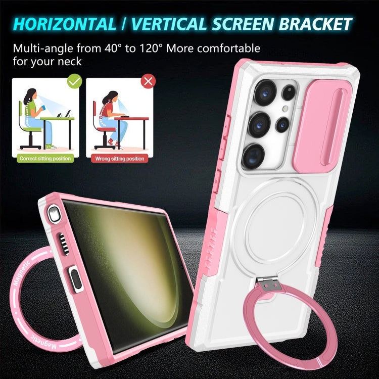 For Samsung Galaxy S23 Ultra 5G Sliding Camshield Magsafe Holder TPU Hybrid PC Phone Case(Pink White) by buy2fix