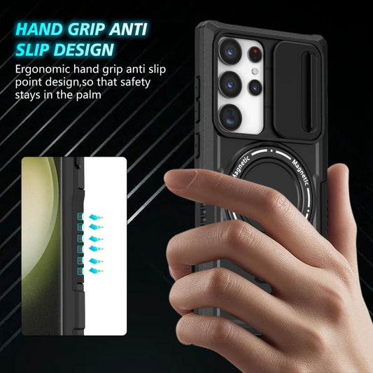 For Samsung Galaxy S23 Ultra 5G Sliding Camshield Magsafe Holder TPU Hybrid PC Phone Case(Black) by buy2fix