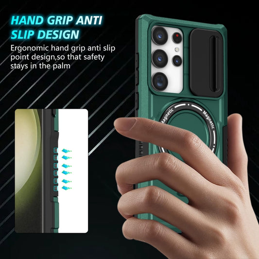 For Samsung Galaxy S23 Ultra 5G Sliding Camshield Magsafe Holder TPU Hybrid PC Phone Case(Deep Green) by buy2fix