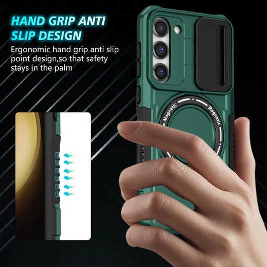 For Samsung Galaxy S23+ 5G Sliding Camshield Magsafe Holder TPU Hybrid PC Phone Case(Deep Green) by buy2fix