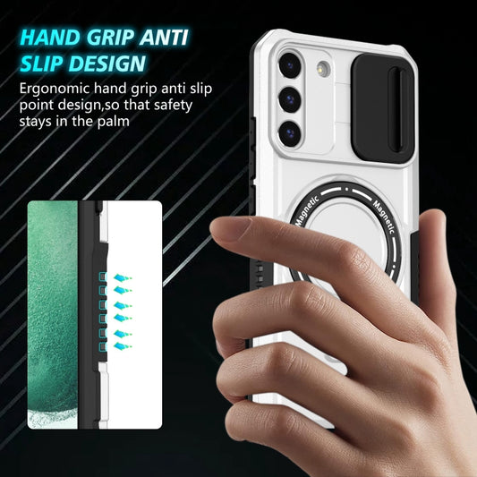 For Samsung Galaxy S22+ 5G Sliding Camshield Magsafe Holder TPU Hybrid PC Phone Case(Black White) by buy2fix