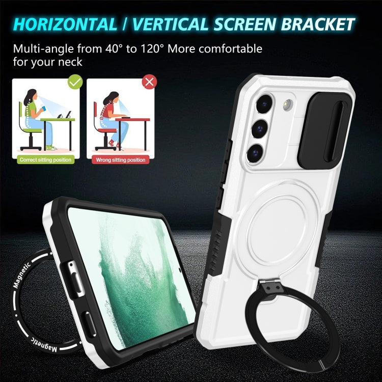 For Samsung Galaxy S22+ 5G Sliding Camshield Magsafe Holder TPU Hybrid PC Phone Case(Black White) - Galaxy S22+ 5G Cases by buy2fix | Online Shopping UK | buy2fix