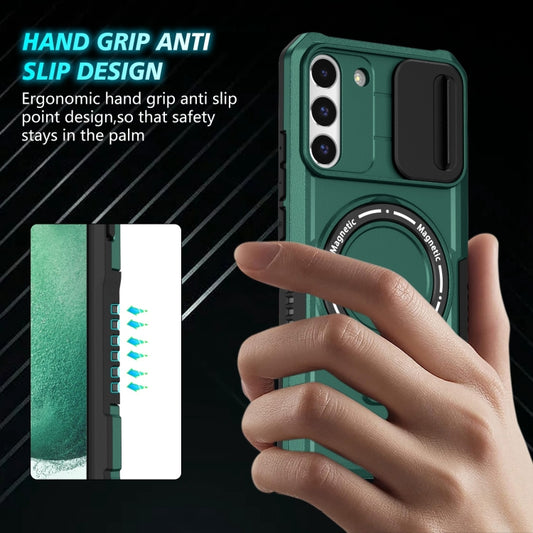 For Samsung Galaxy S22+ 5G Sliding Camshield Magsafe Holder TPU Hybrid PC Phone Case(Deep Green) by buy2fix