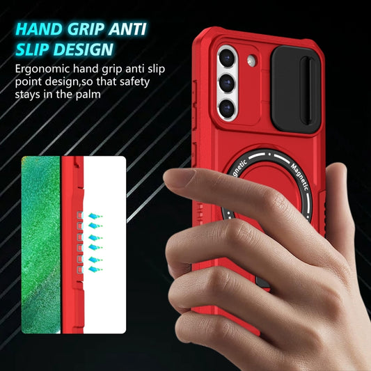 For Samsung Galaxy S21 FE 5G Sliding Camshield Magsafe Holder TPU Hybrid PC Phone Case(Red) by buy2fix