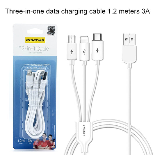 PISEN 1.2m 3A 3 in 1 USB to 8 Pin + Type-C + Micro USB Data Cable by buy2fix