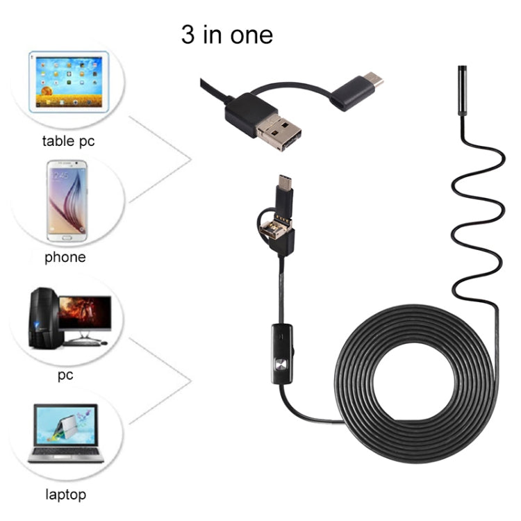 AN100 3 in 1 IP67 Waterproof USB-C / Type-C + Micro USB + USB HD Endoscope Hard Tube Inspection Camera for Parts of OTG Function Android Mobile Phone, with 6 LEDs, Lens Diameter:7mm(Length: 10m) - by buy2fix | Online Shopping UK | buy2fix