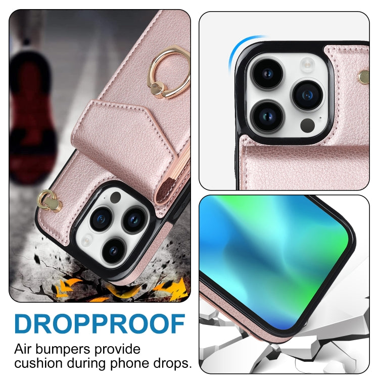 For iPhone 15 Pro Max Ring Holder RFID Card Slot Phone Case(Rose Gold) by buy2fix