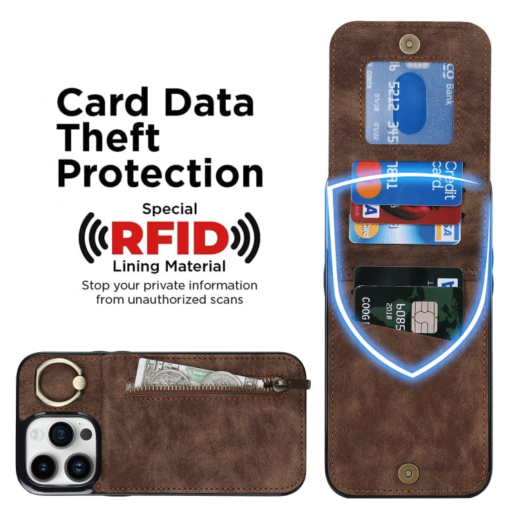 For iPhone 15 Pro Max Retro Ring and Zipper RFID Card Slot Phone Case(Brown) by buy2fix