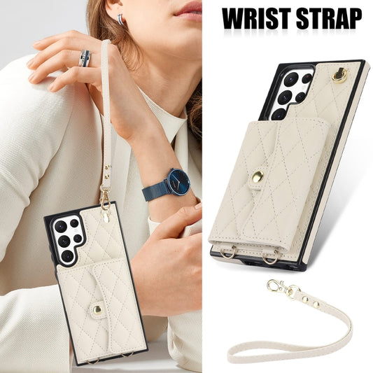For Samsung Galaxy S22 Ultra 5G Crossbody Rhombic Horizontal Wallet Leather Phone Case(White) by buy2fix