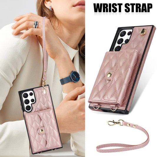 For Samsung Galaxy S22 Ultra 5G Crossbody Rhombic Horizontal Wallet Leather Phone Case(Rose Gold) by buy2fix