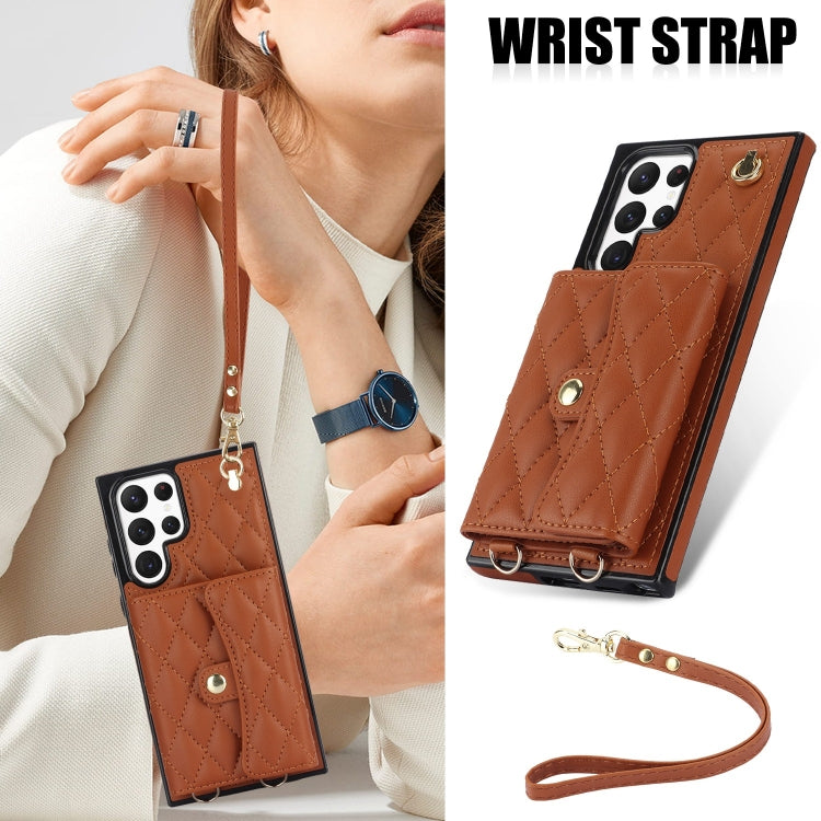 For Samsung Galaxy S22 Ultra 5G Crossbody Rhombic Horizontal Wallet Leather Phone Case(Brown) - Galaxy S22 Ultra 5G Cases by buy2fix | Online Shopping UK | buy2fix