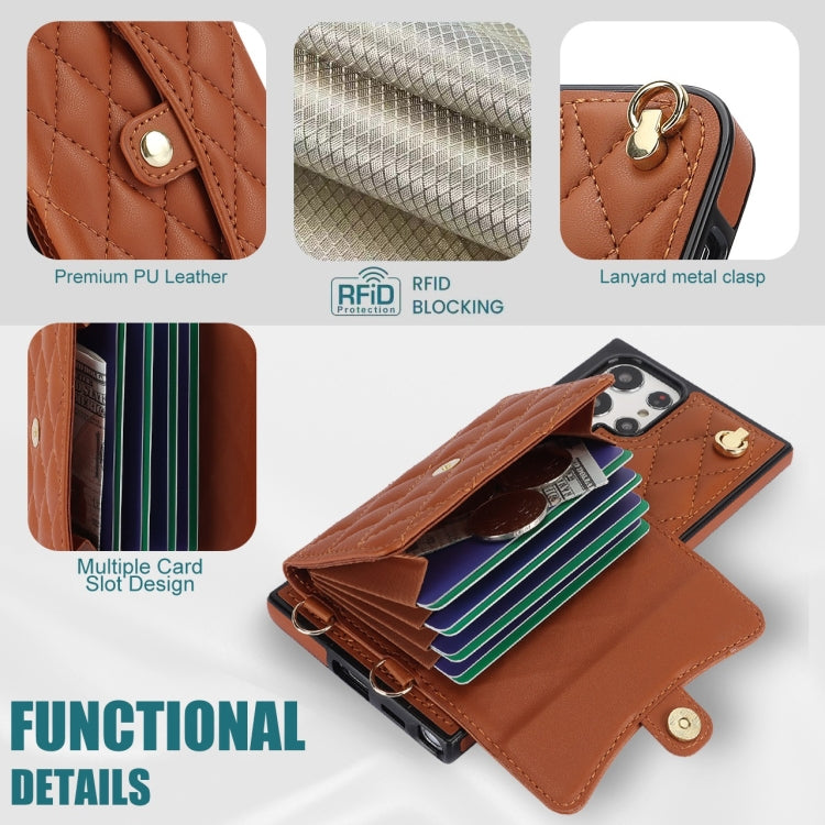 For Samsung Galaxy S22 Ultra 5G Crossbody Rhombic Horizontal Wallet Leather Phone Case(Brown) - Galaxy S22 Ultra 5G Cases by buy2fix | Online Shopping UK | buy2fix