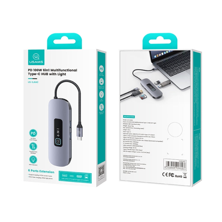 USAMS US-SJ643 PD100W 8 in 1 Aluminum Alloy Multifunctional Type-C HUB with Light(Metal Grey) by USAMS