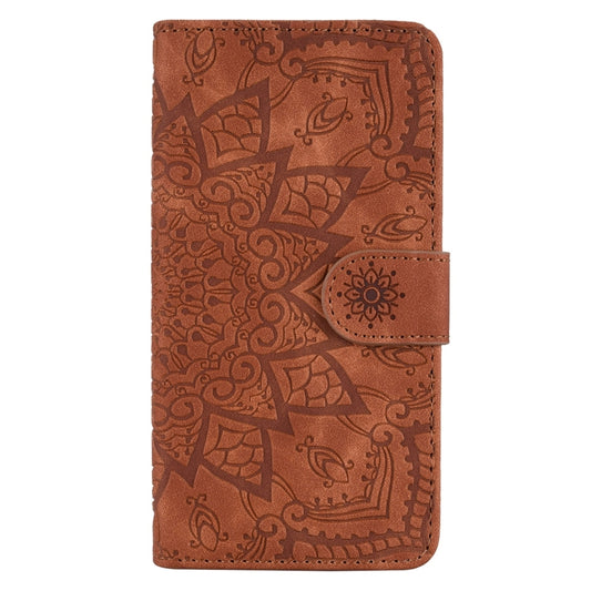 For iPhone 15 Pro Max Mandala Embossed Dual-Fold Calf Leather Phone Case(Brown) - iPhone 15 Pro Max Cases by buy2fix | Online Shopping UK | buy2fix
